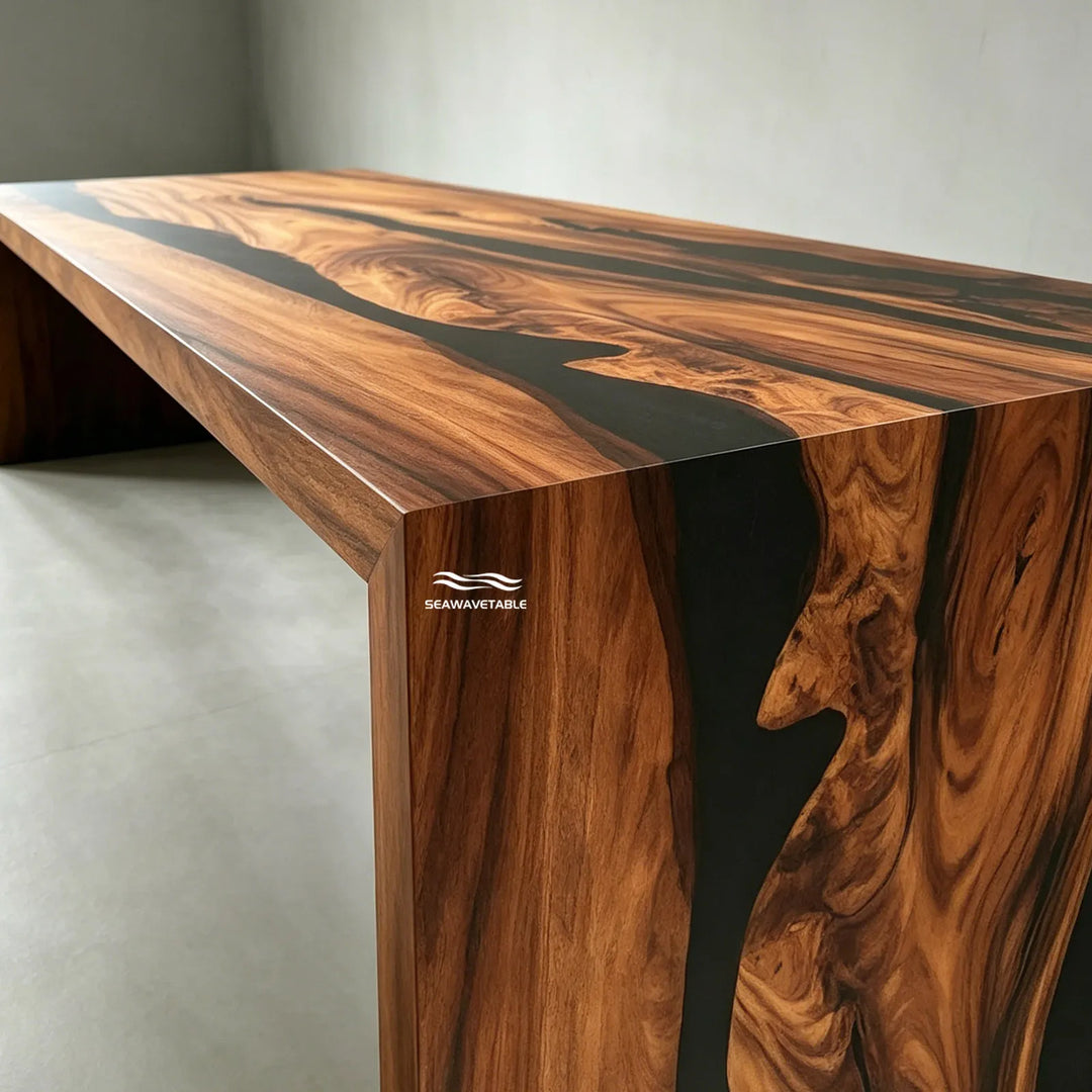 walnut epoxy waterfall kitchen worktop black resin modern design