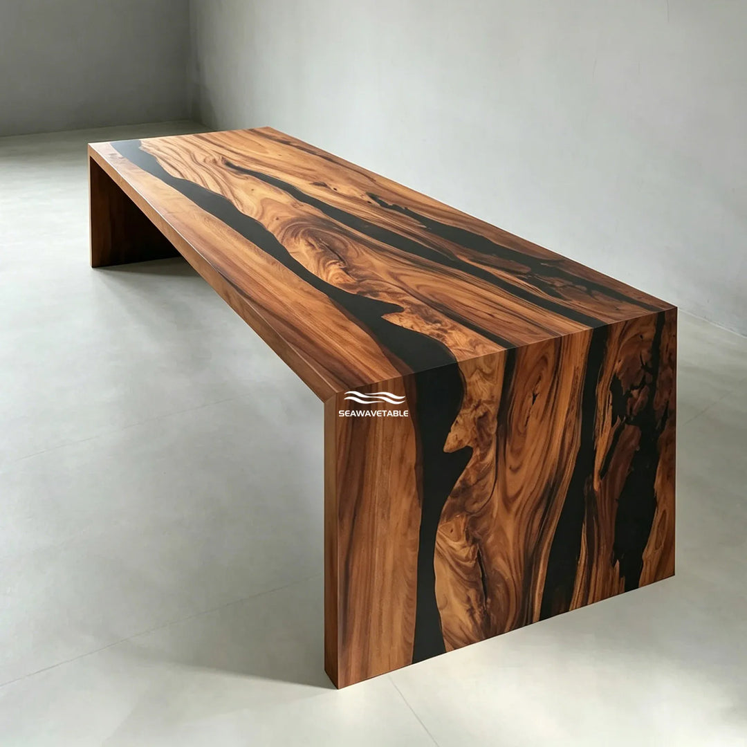 walnut epoxy meeting table with black resin waterfall edge