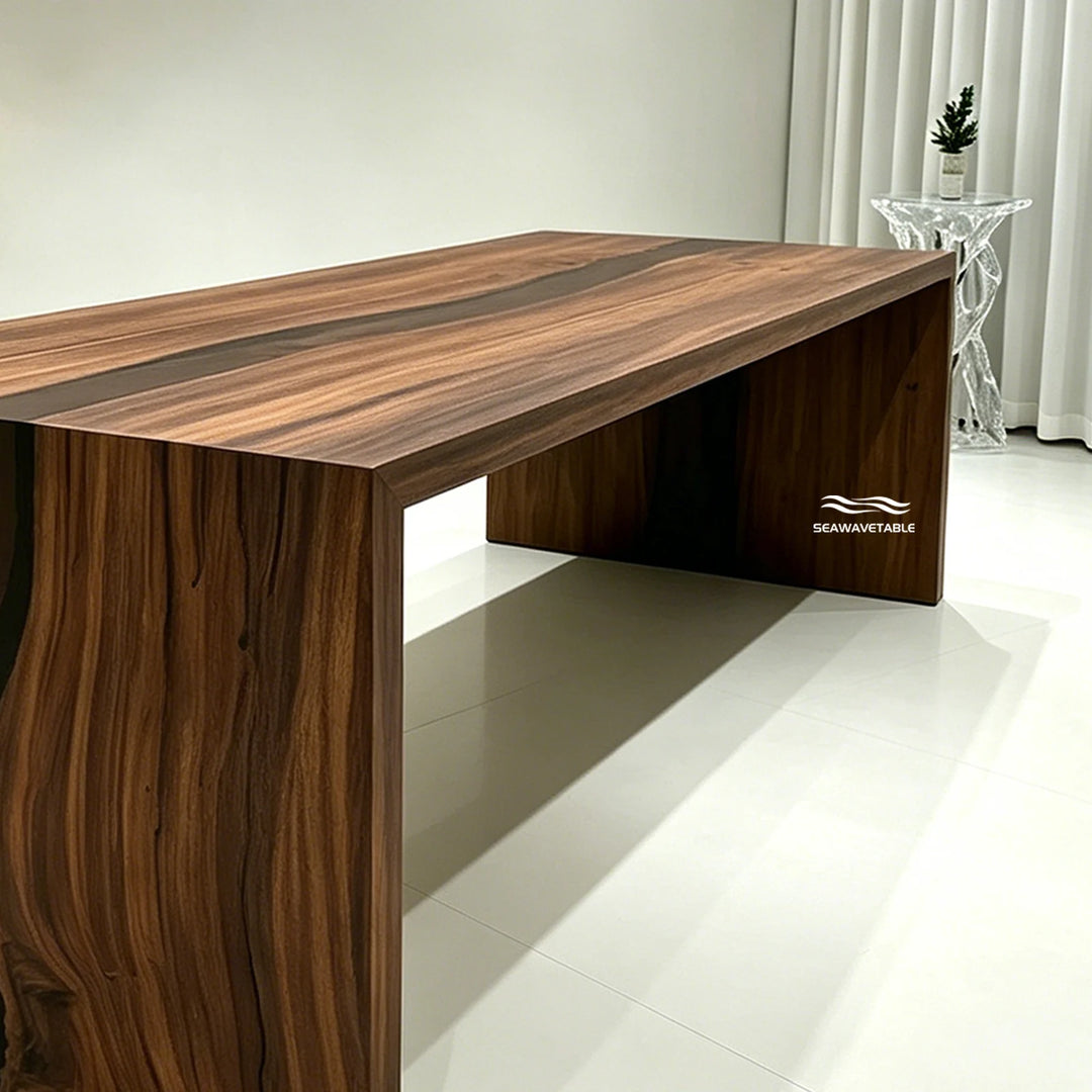SeawaveTable walnut epoxy waterfall office desk semi-transparent black resin