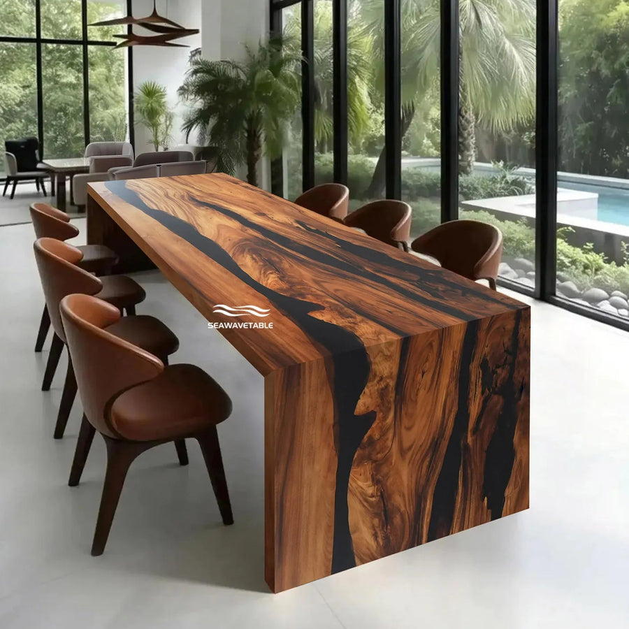walnut epoxy waterfall conference table with black resin matte finish