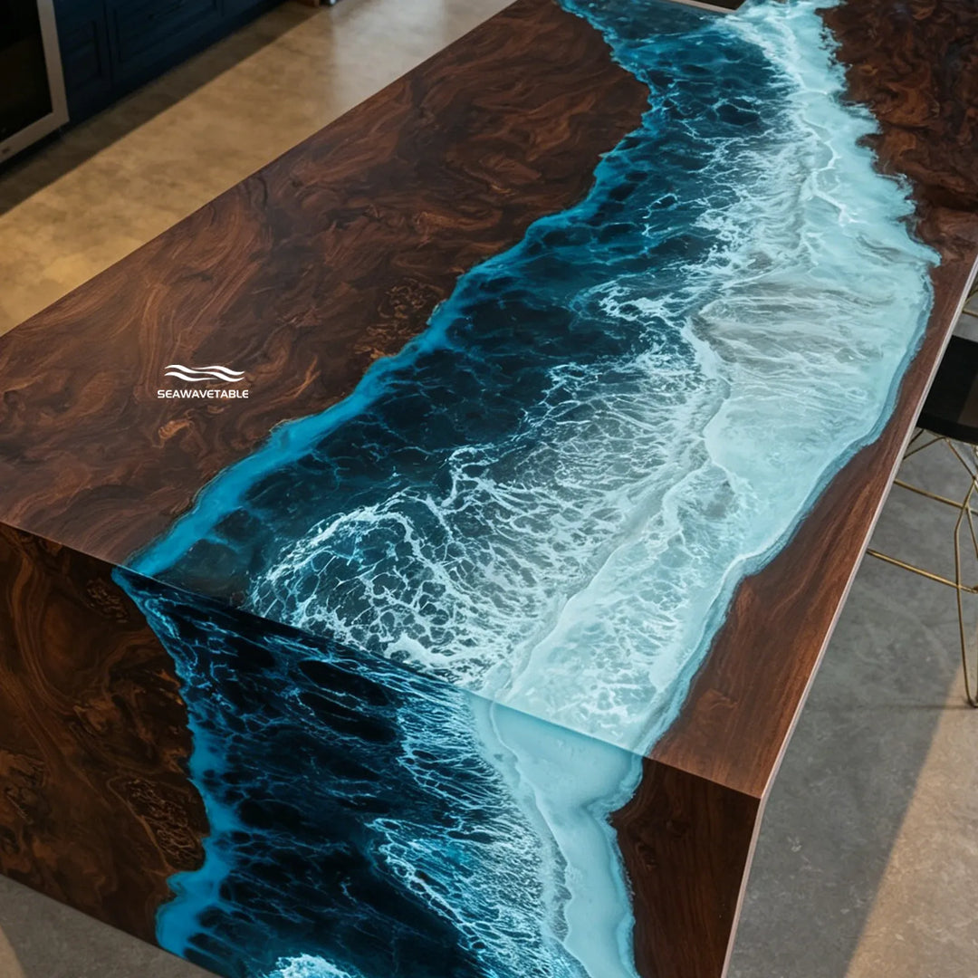 seamless waterfall edge black walnut epoxy countertop detail