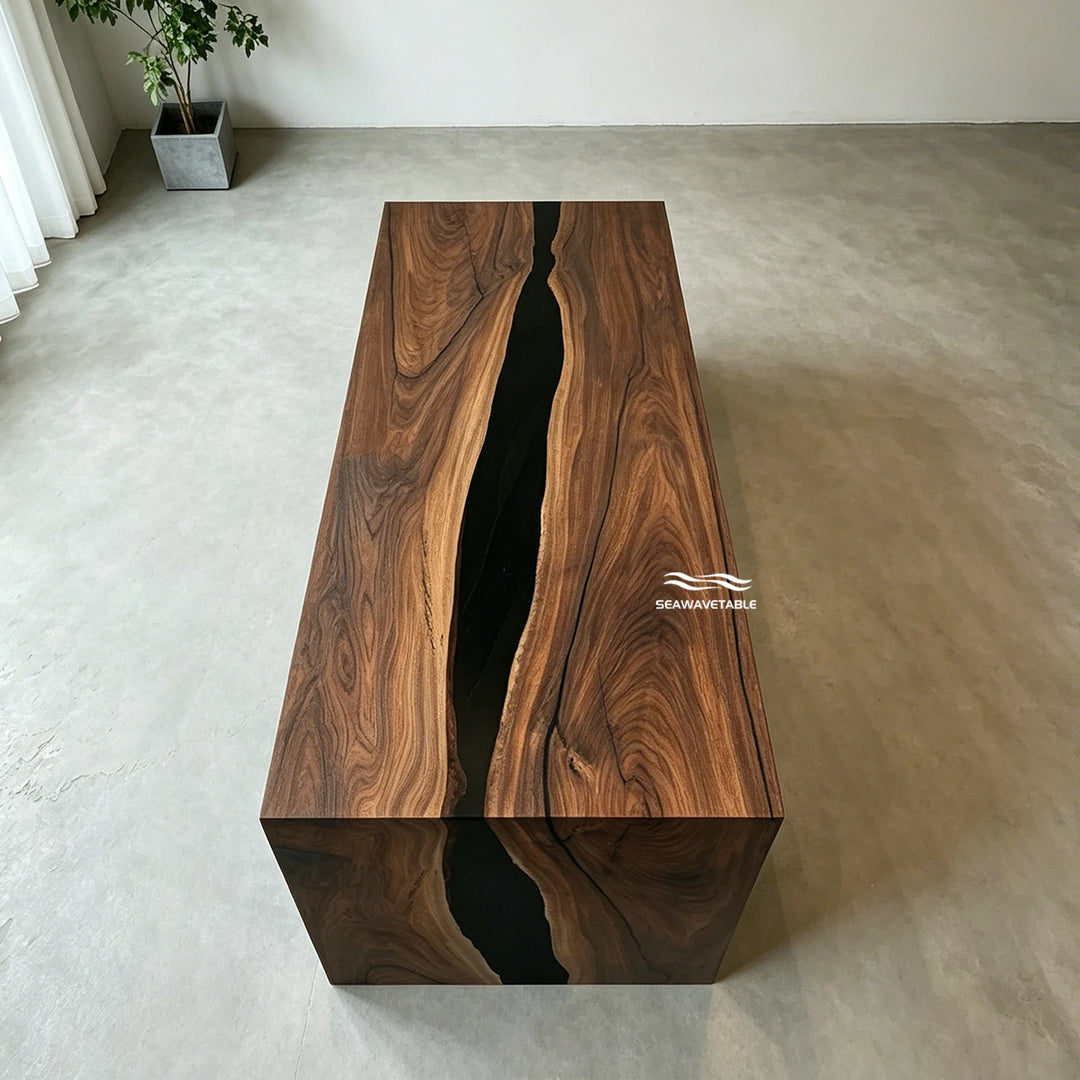 SeawaveTable seamless waterfall edge black walnut epoxy table detail