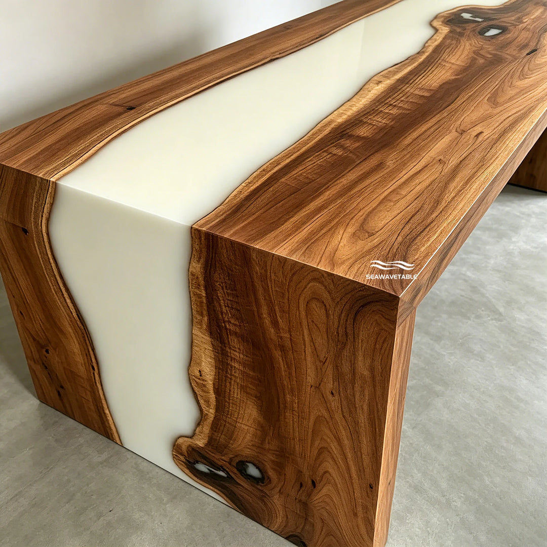 seamless waterfall edge black walnut epoxy LED table detail