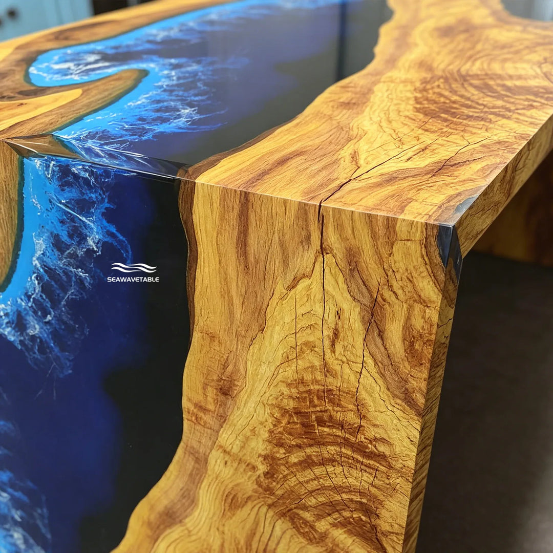 seamless waterfall edge design olive wood epoxy river table