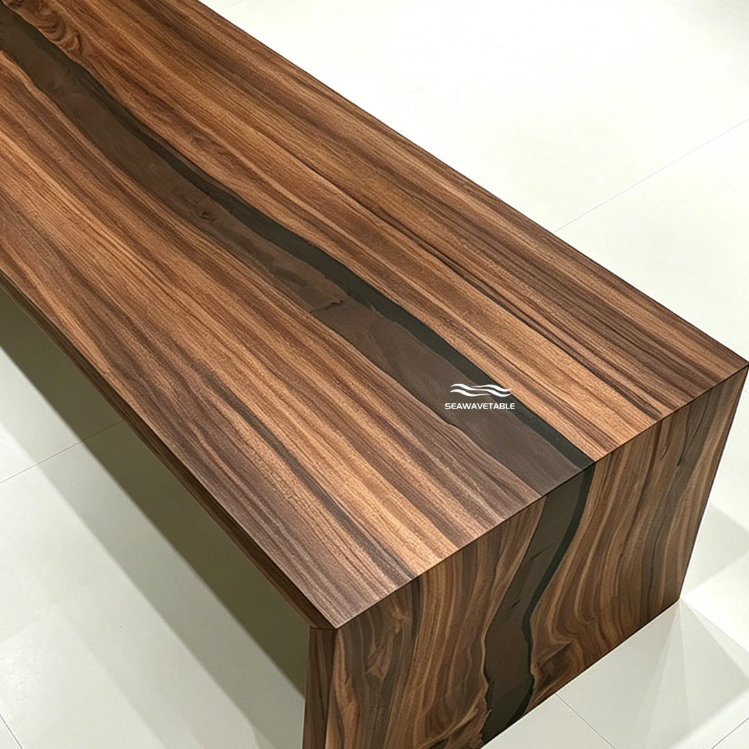 SeawaveTable seamless waterfall edge walnut epoxy table detail semi-transparent resin