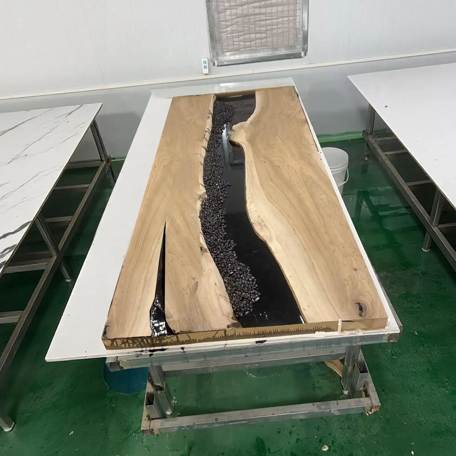 SeawaveTable white and blue wave detail creation on epoxy river table with black walnut wood