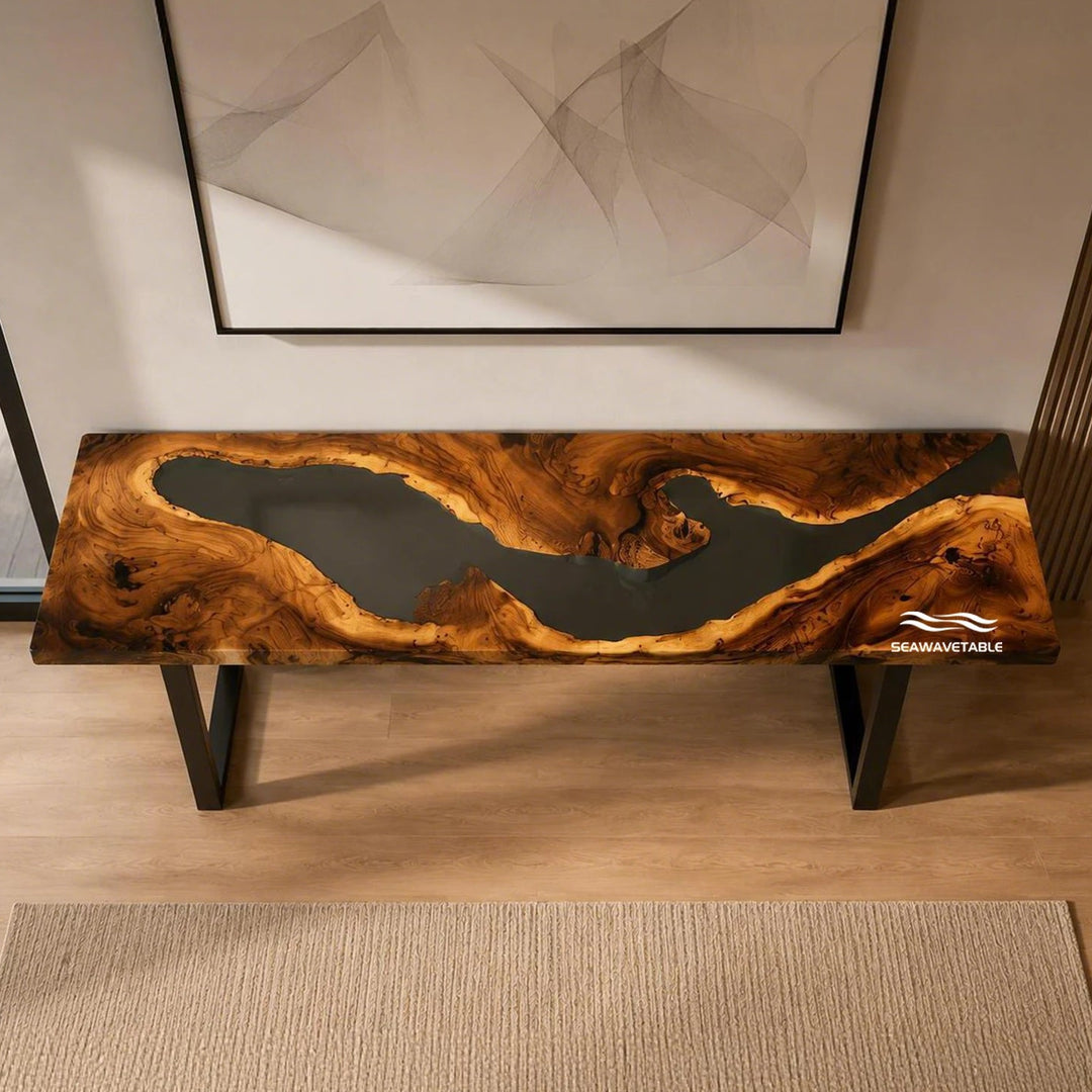 Smoked black resin entryway table CRT-345 handcrafted from Walnut wood