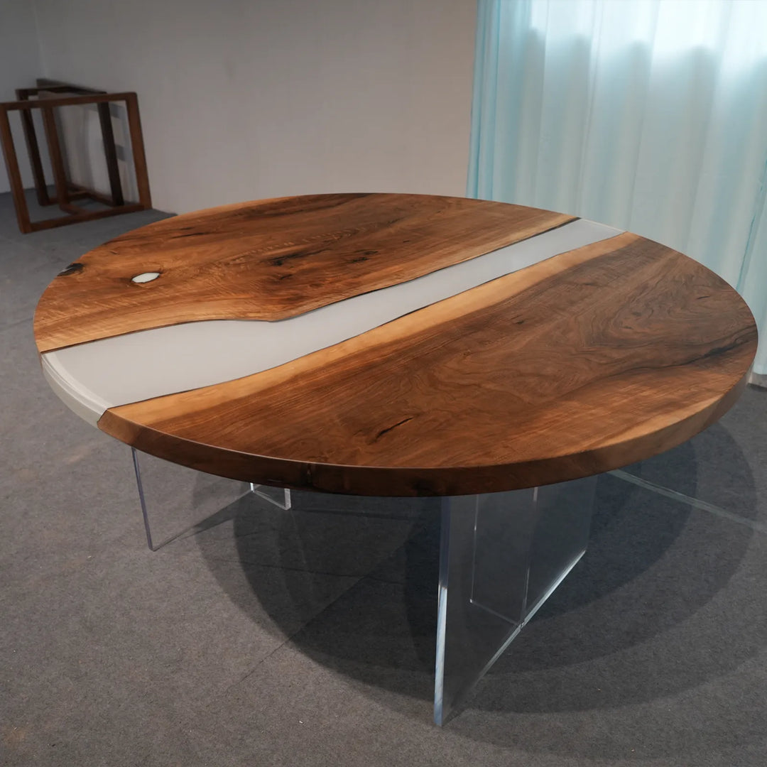 Smoky Gray epoxy river with natural Black Walnut by SeawaveTable