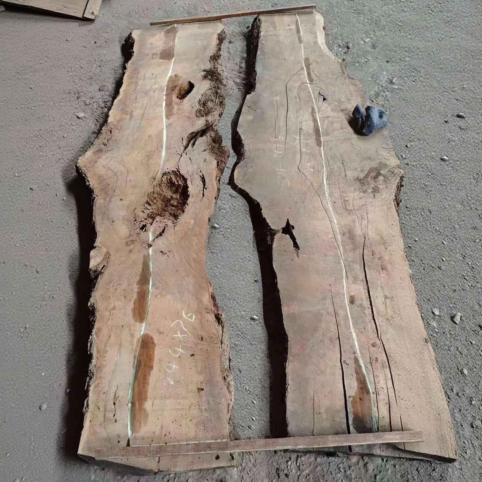 Raw olive wood board selected for Shannon’s Smoky Quartz resin table.