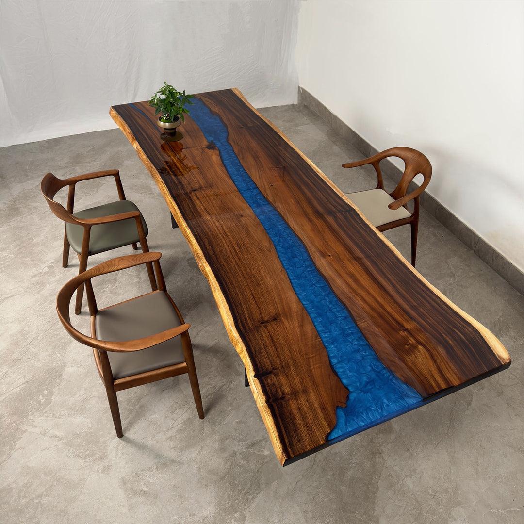 Solid walnut dining table with navy blue epoxy river handcrafted