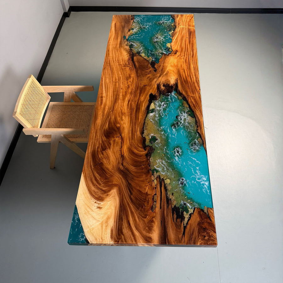 Straight edge solid walnut table with ocean blue resin river and premium craftsmanship