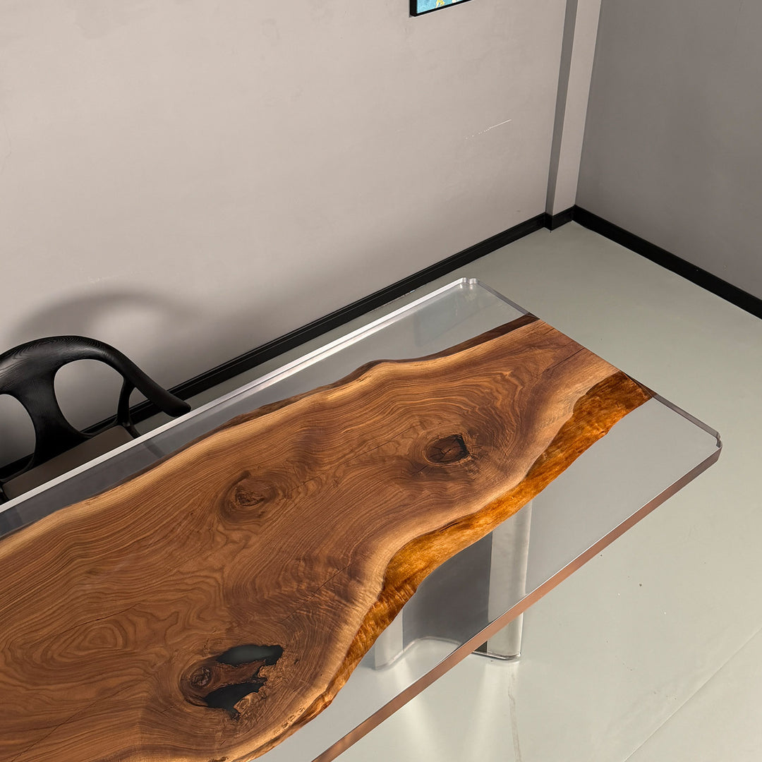 Straight-edge modern design of black walnut table with clear epoxy