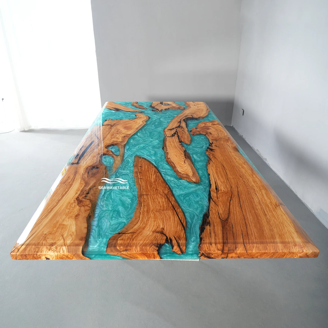 Top view of olive wood epoxy river table showing balanced layout and resin flow design