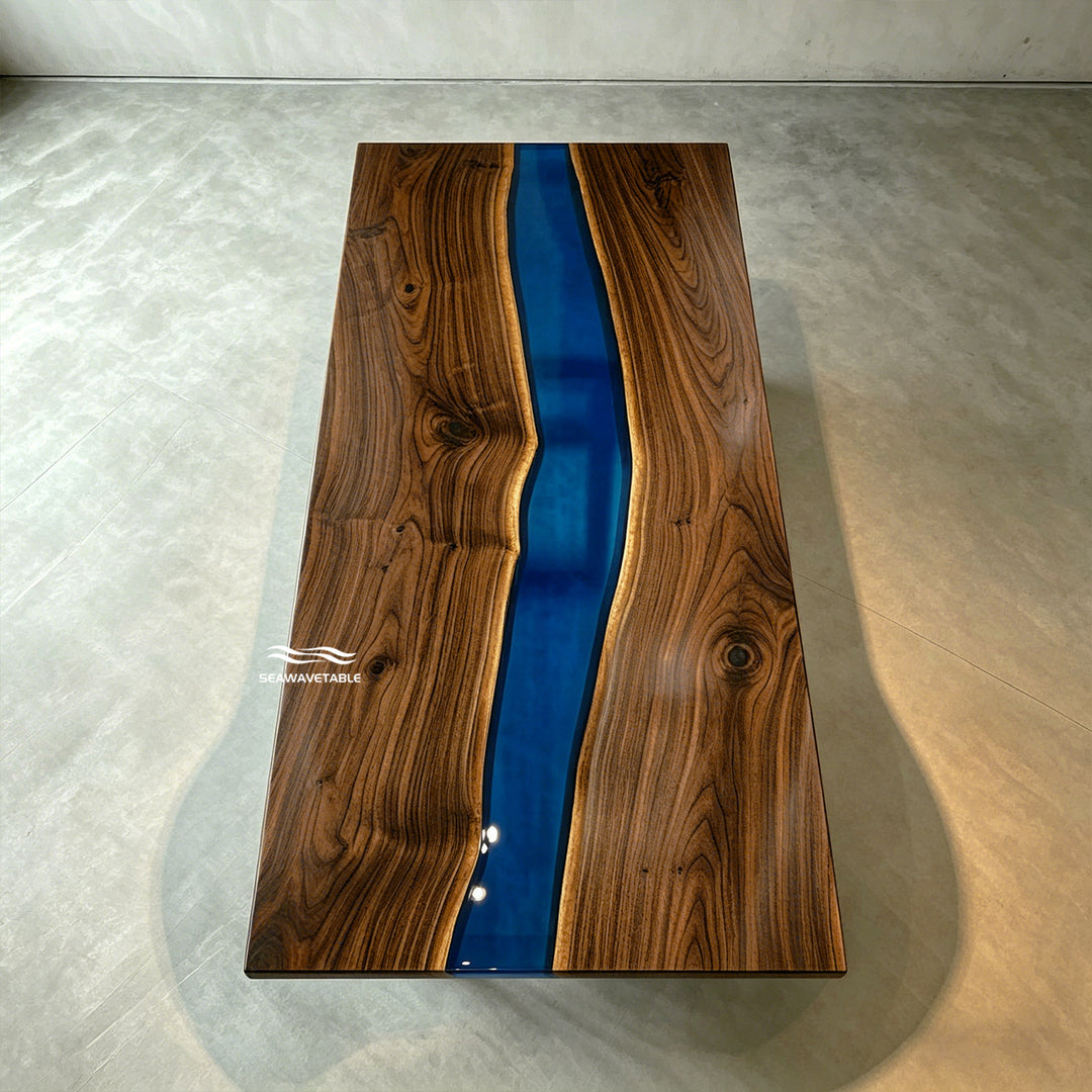Translucent blue resin Black Walnut statement dining table CRT-337