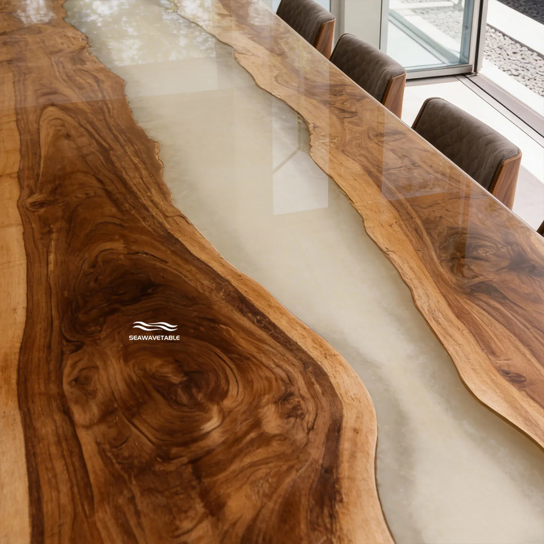 Top view of walnut epoxy table with semi-translucent ivory resin river