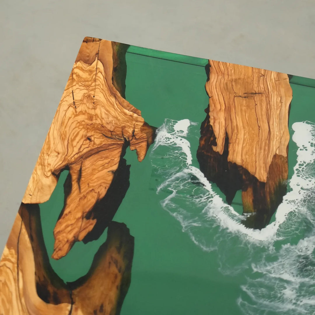 Transparent green epoxy with handcrafted white wave pattern