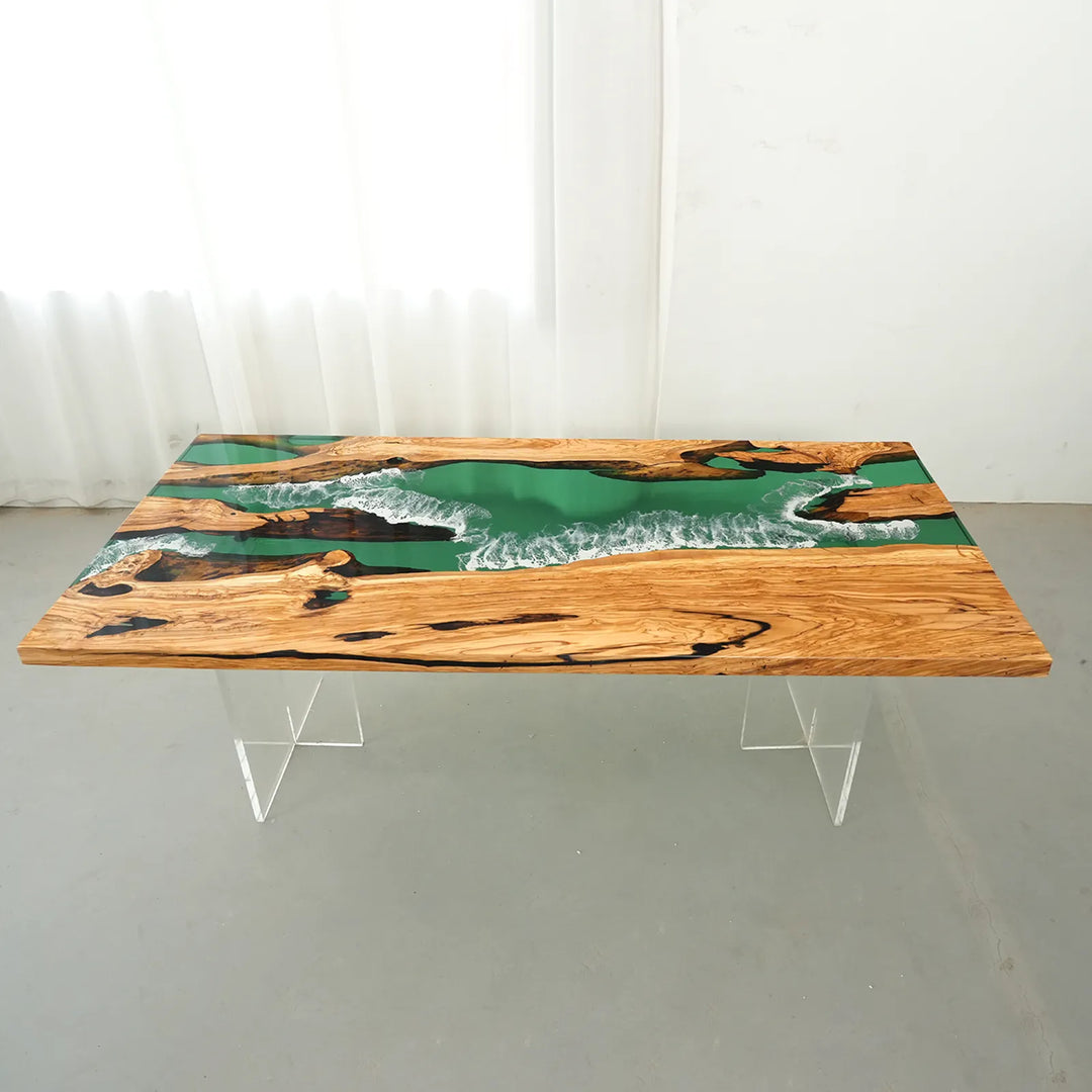 Natural Olive Wood grain with green resin and ocean wave detail