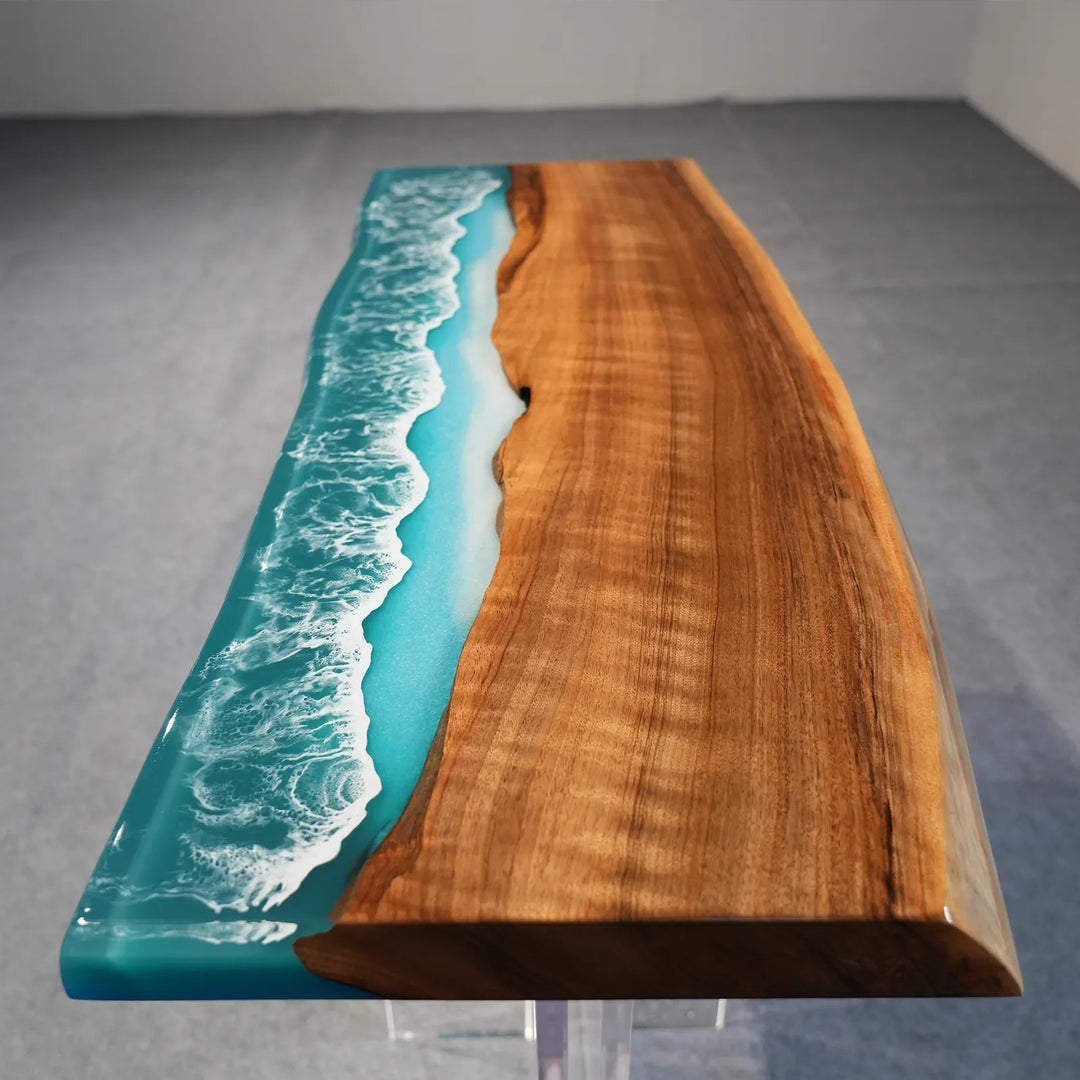 Turquoise and blue ocean wave epoxy alongside natural Black Walnut by SeawaveTable