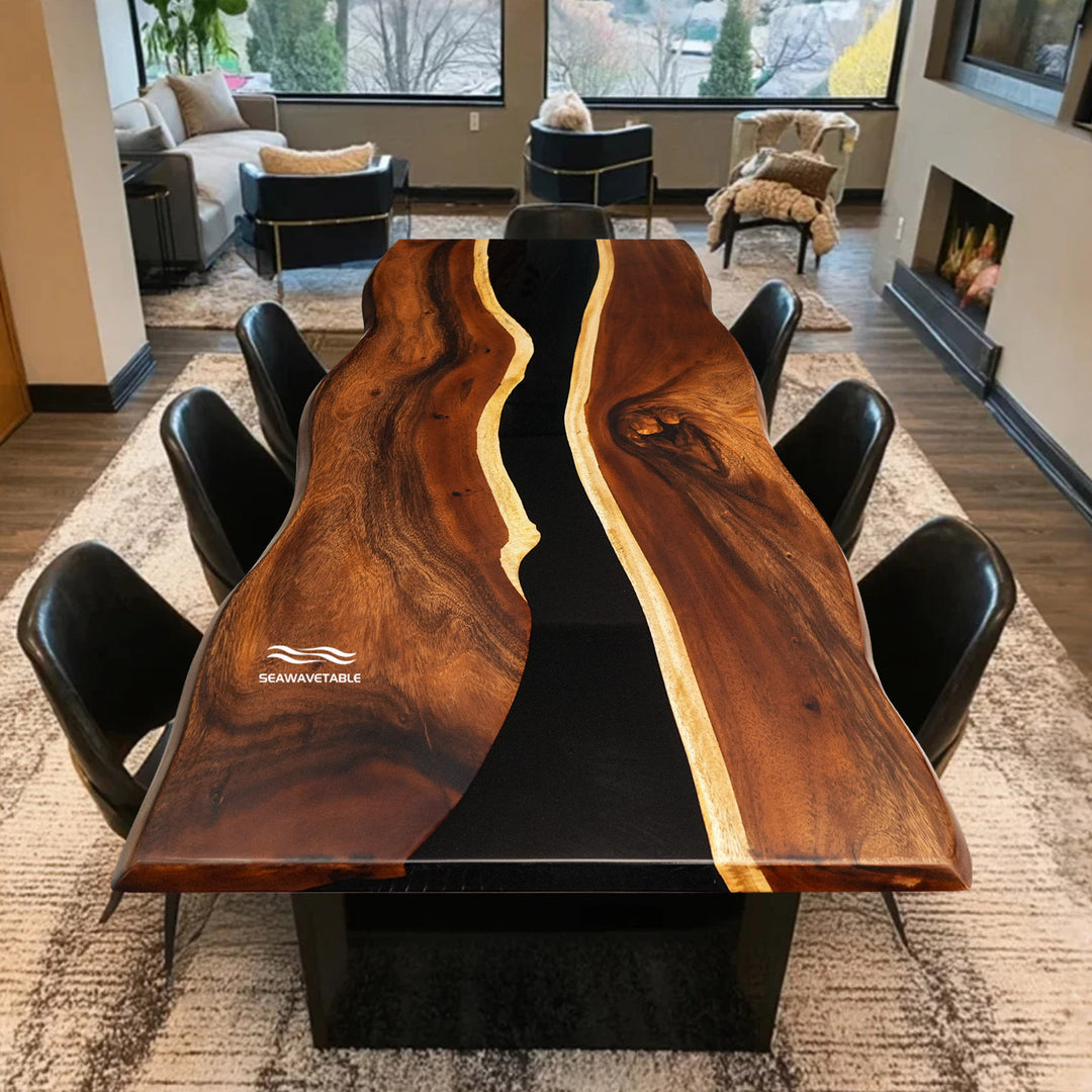 Top view of walnut river table with black epoxy and live edge