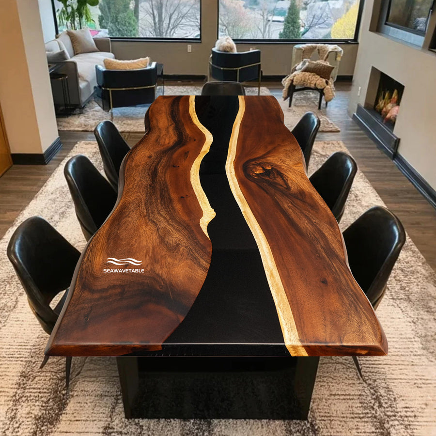 Top view of walnut river table with black epoxy and live edge
