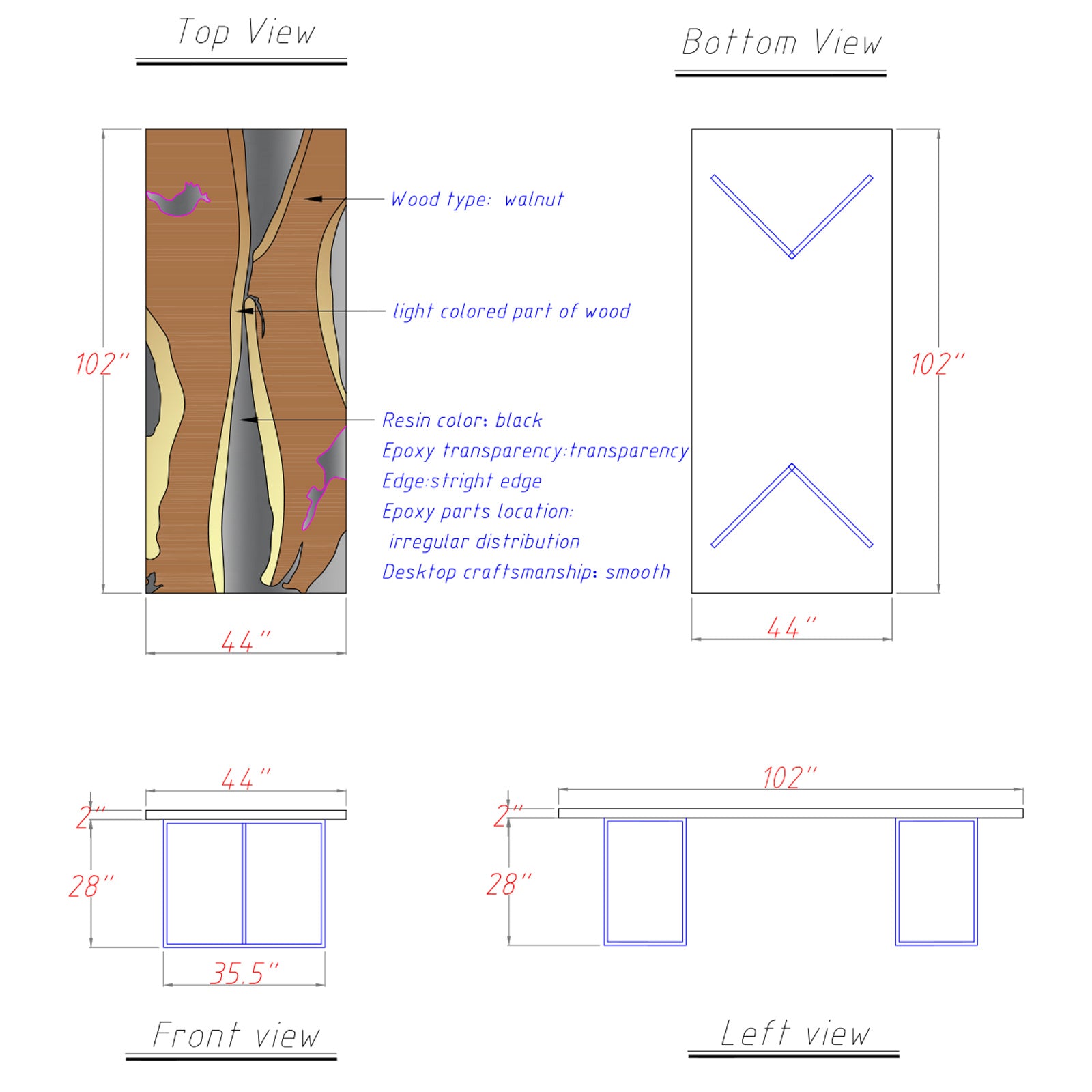 Rectangular walnut live edge table with deep black epoxy river for modern dining or office spaces.