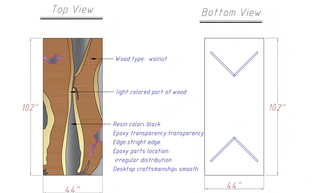 Solid walnut dining table with contrasting white sapwood and elegant black epoxy river design.