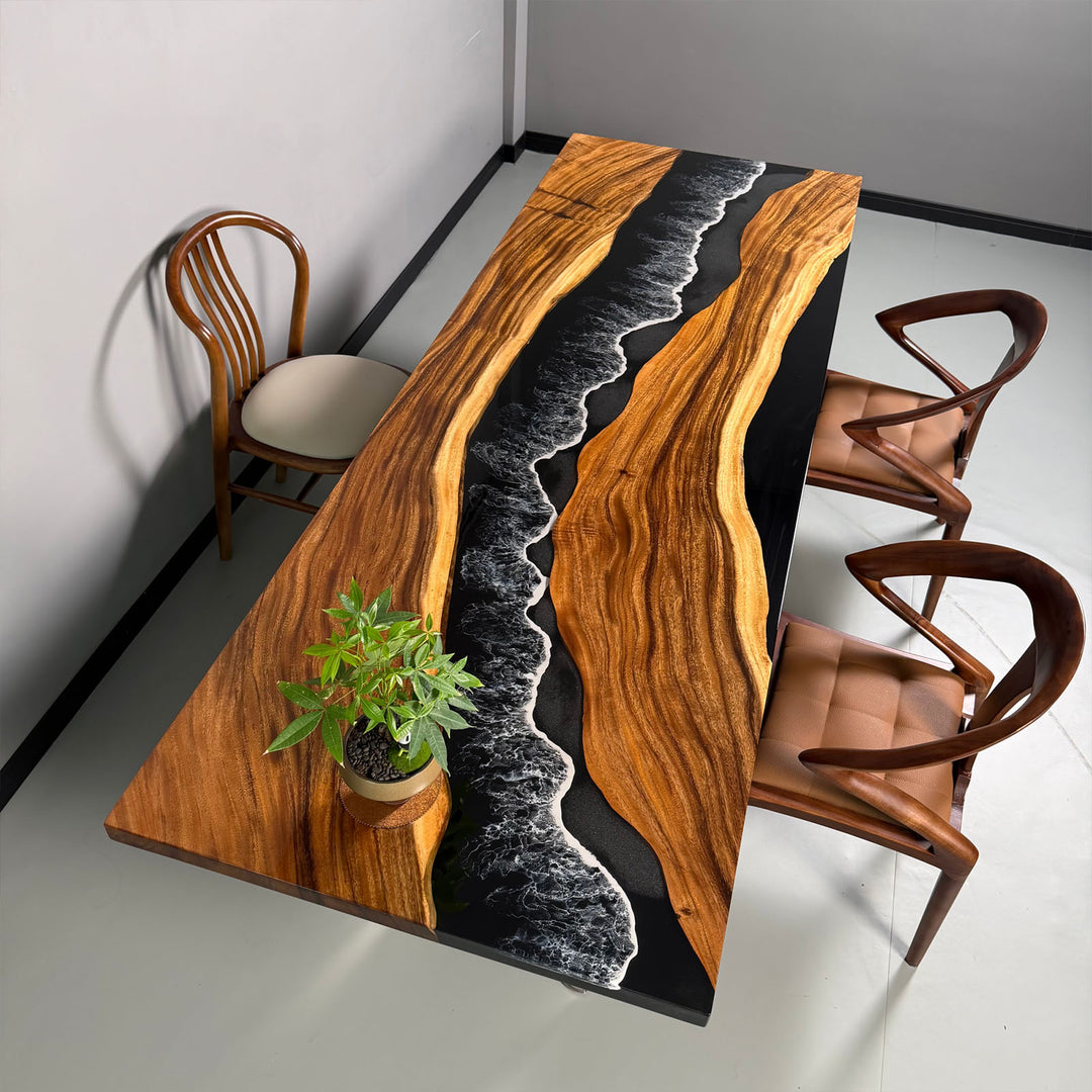 Walnut river table with black resin and white ocean wave details, high gloss finish