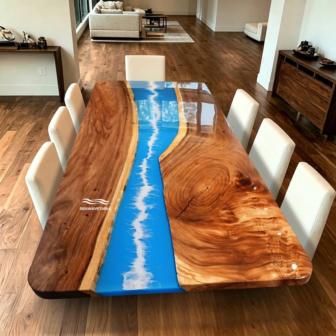 Walnut dining table with layered blue ocean wave epoxy river by SeawaveTable