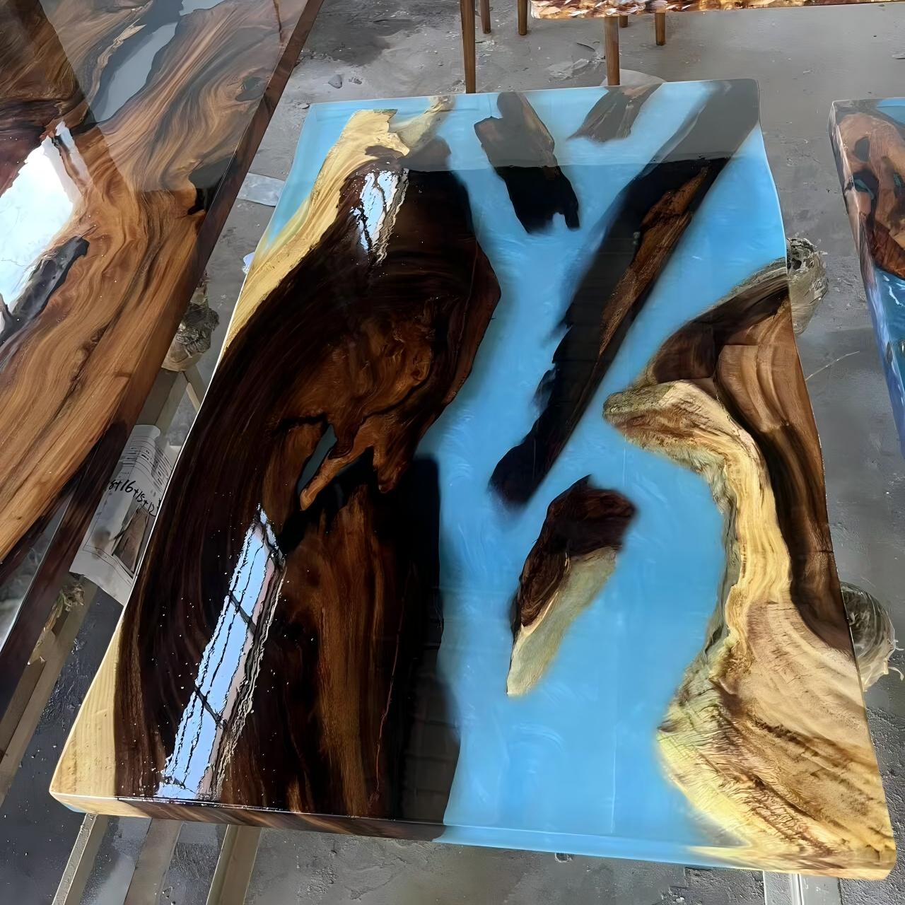 Black walnut table with Caribbean blue resin base and transparent epoxy top, handmade