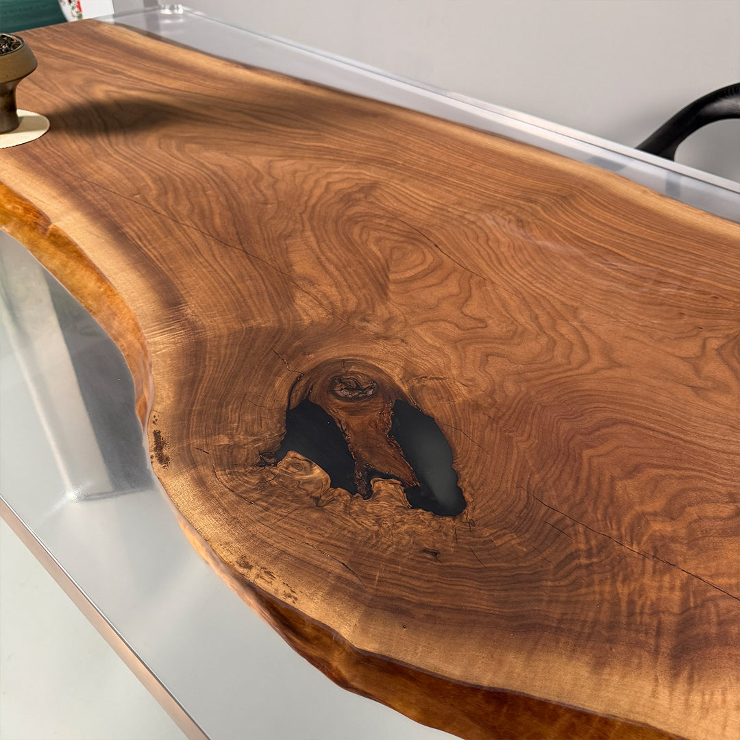 Black walnut table with crystal-clear epoxy river and metal leg option