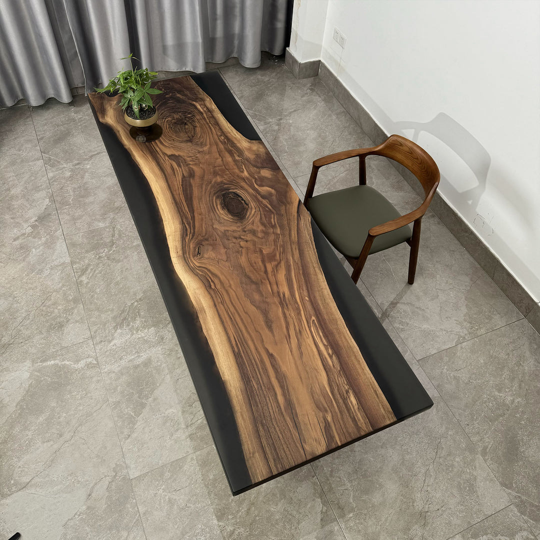 Epoxy walnut table with straight edge design