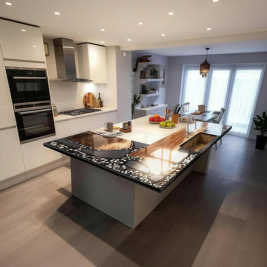 Handcrafted L-shaped kitchen countertop made of solid walnut and epoxy resin in Los Angeles