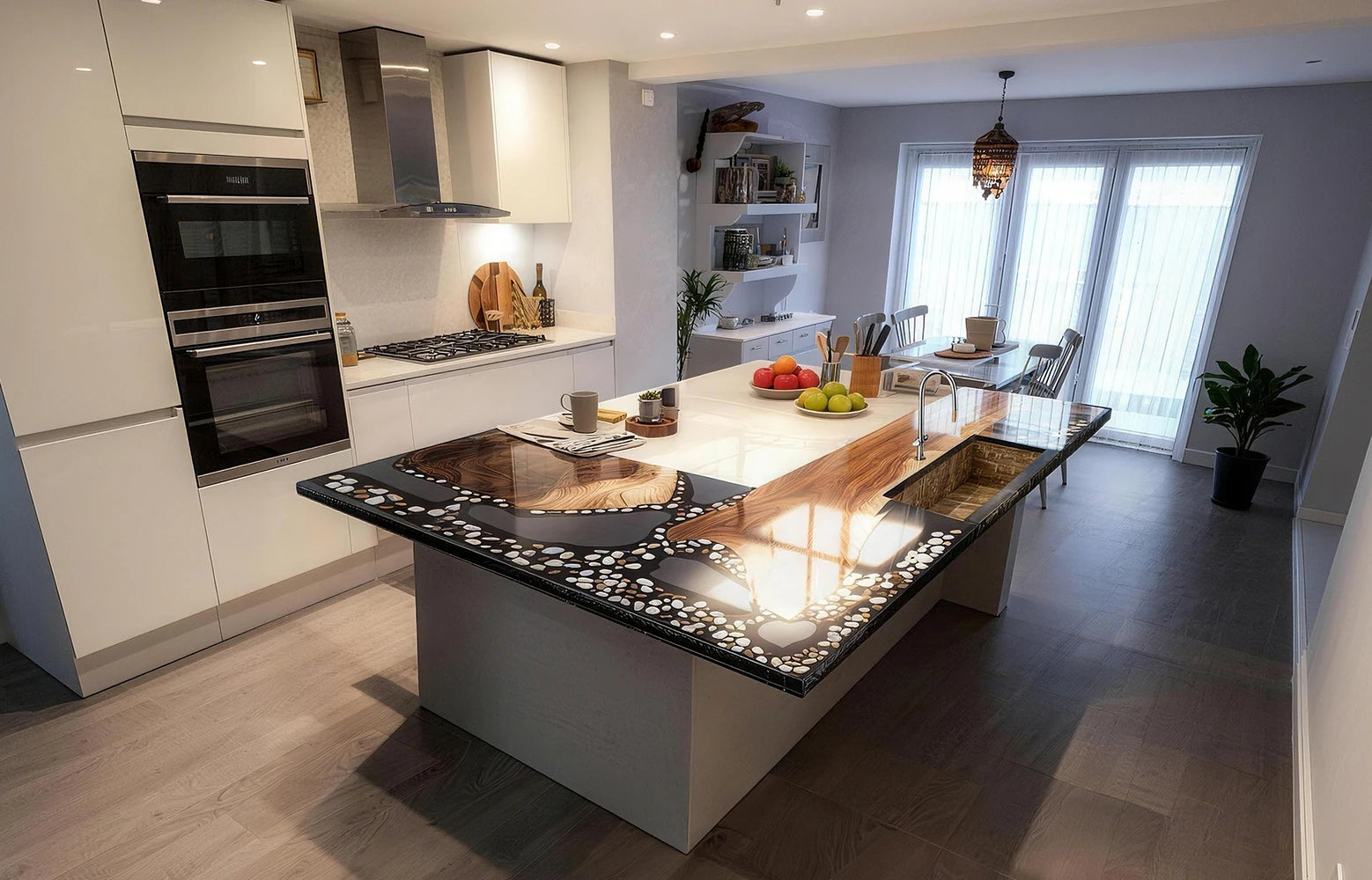 Handcrafted L-shaped kitchen countertop made of solid walnut and epoxy resin in Los Angeles