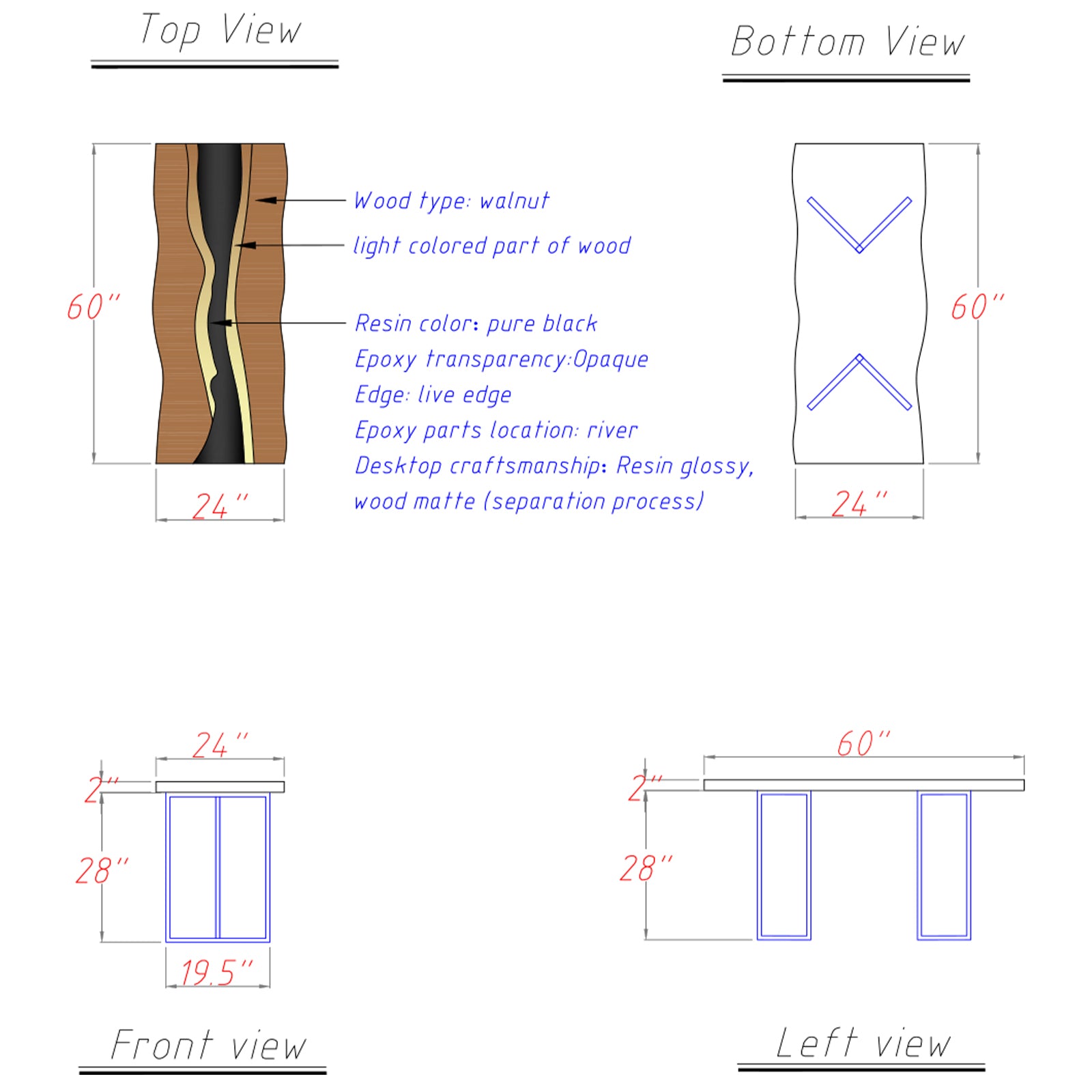 CAD design sketch for custom walnut black epoxy river table
