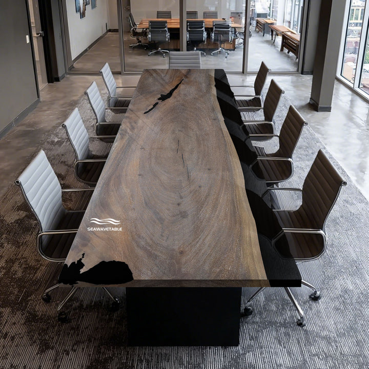 Modern walnut epoxy meeting table with oxidized accents.