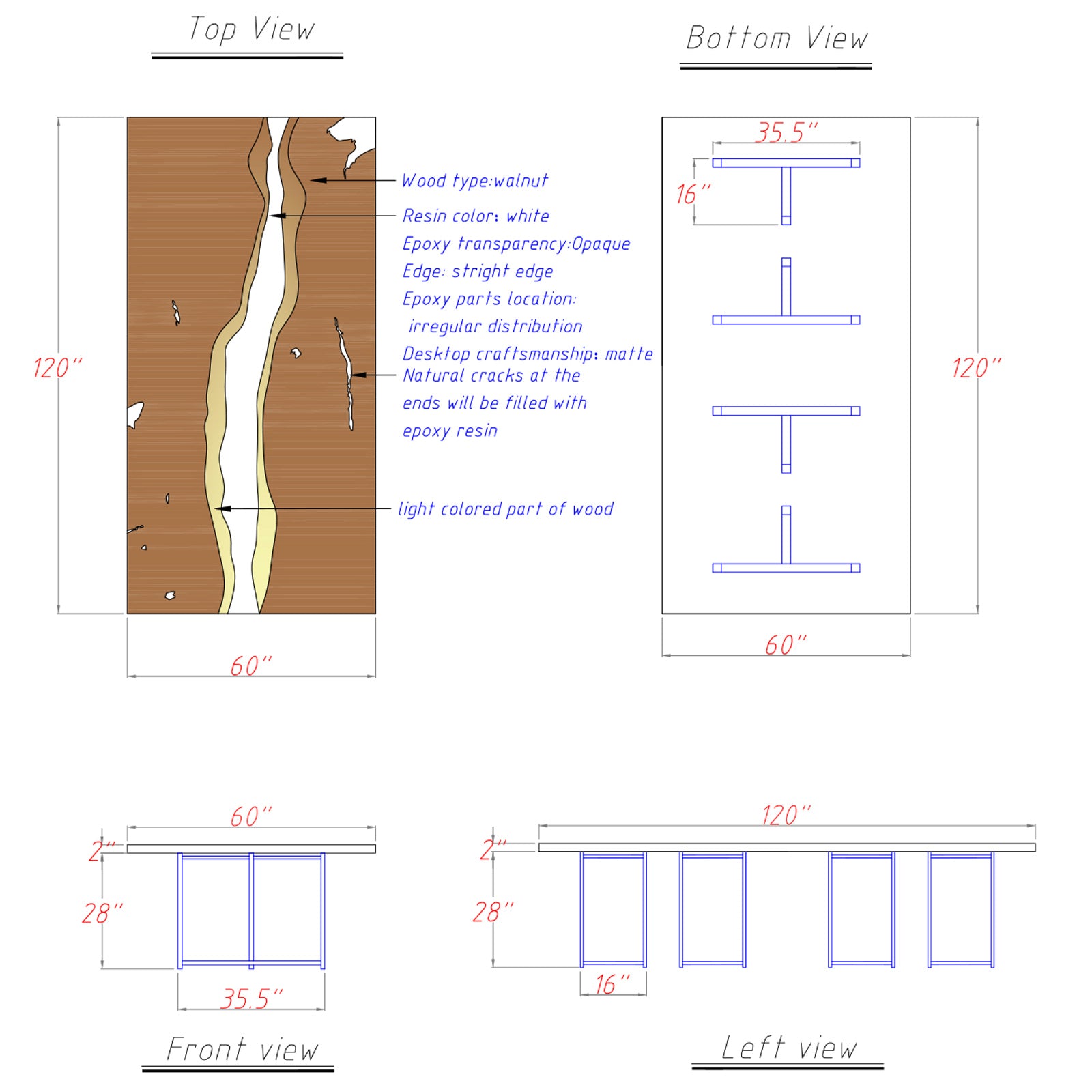 Top view of luxury walnut and white epoxy river table, modern handmade furniture.