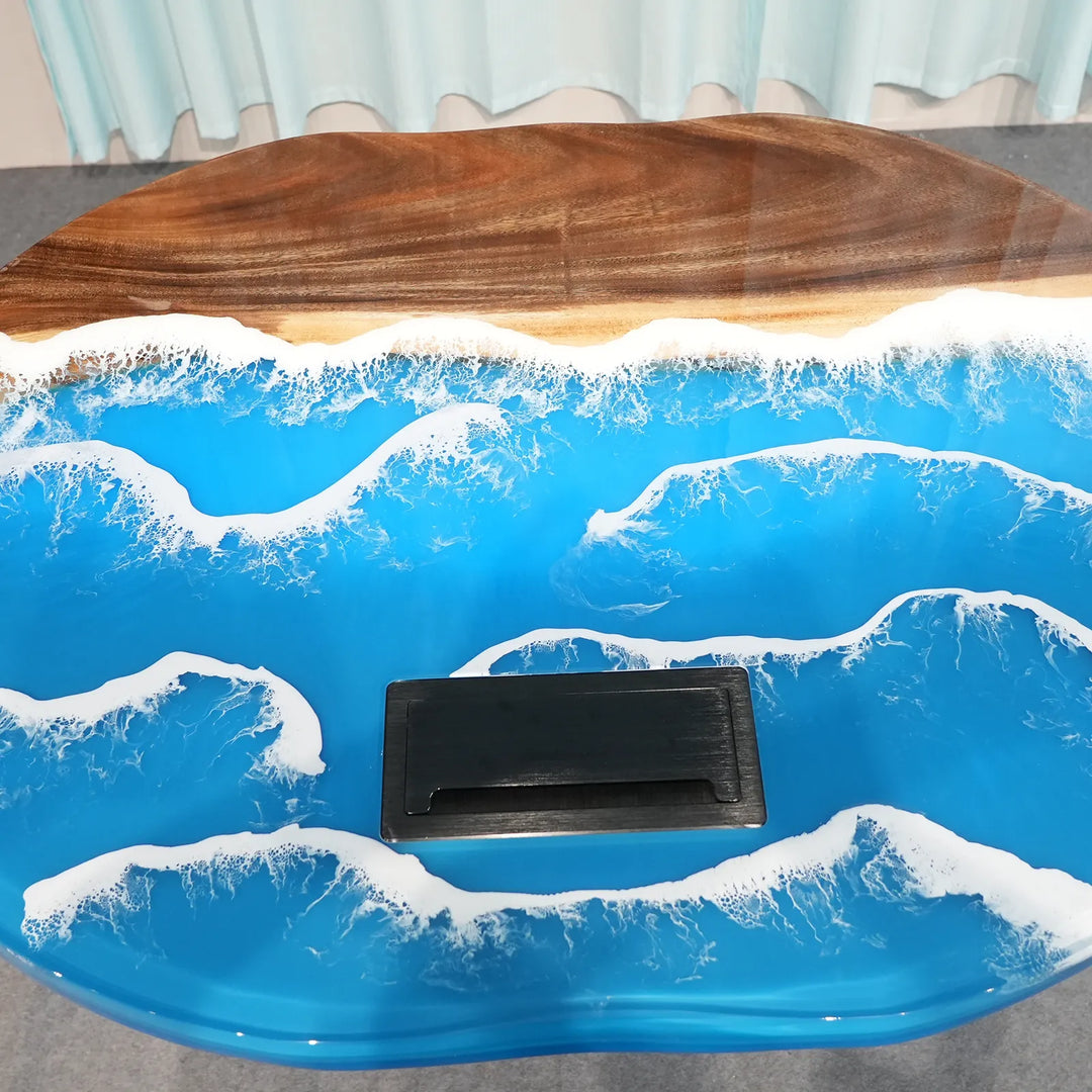 Natural live edge Walnut with ocean-inspired blue resin by SeawaveTable