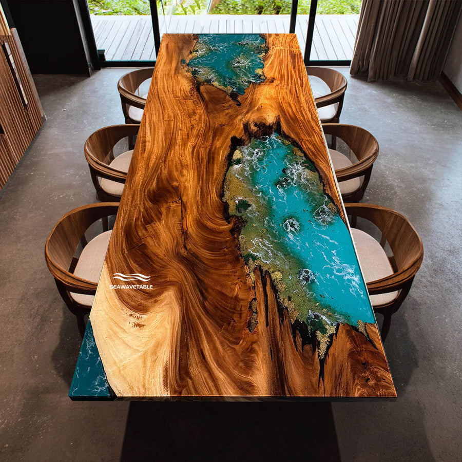 Walnut ocean blue resin river table with stone inlay and coastal vegetation, straight edge, full gloss finish