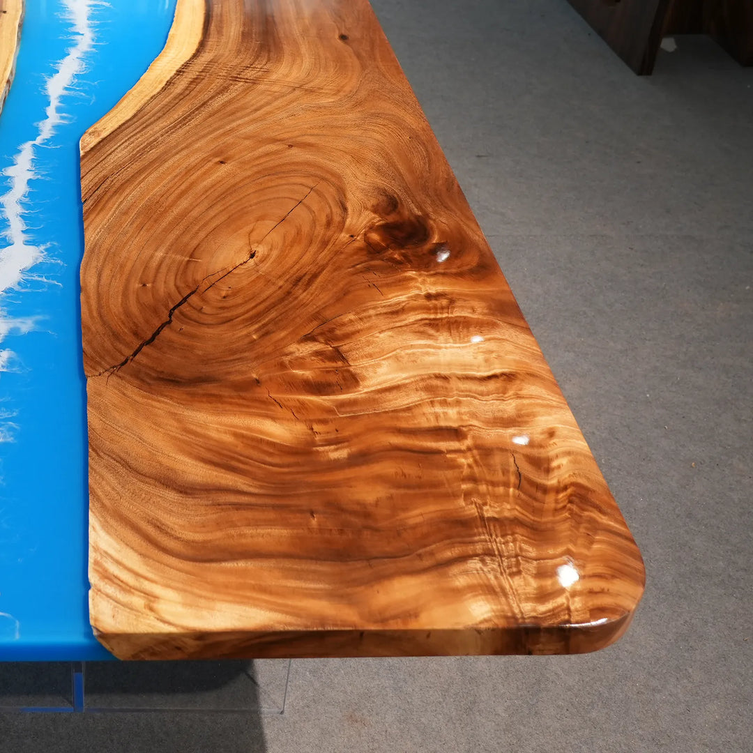 Walnut ocean epoxy dining table with straight edges and rounded corners by SeawaveTable