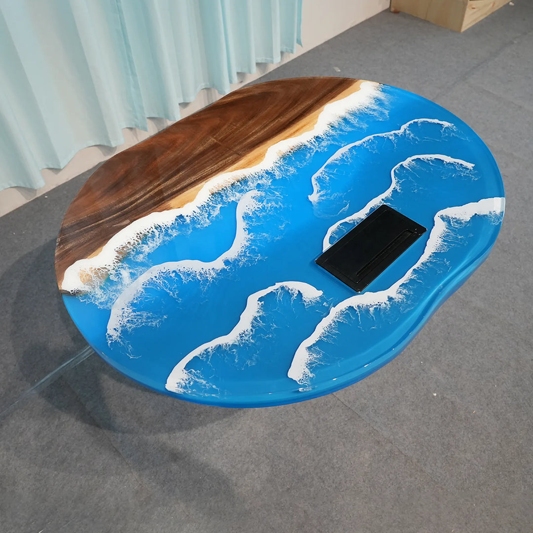 Walnut table with layered ocean shoreline epoxy design by SeawaveTable