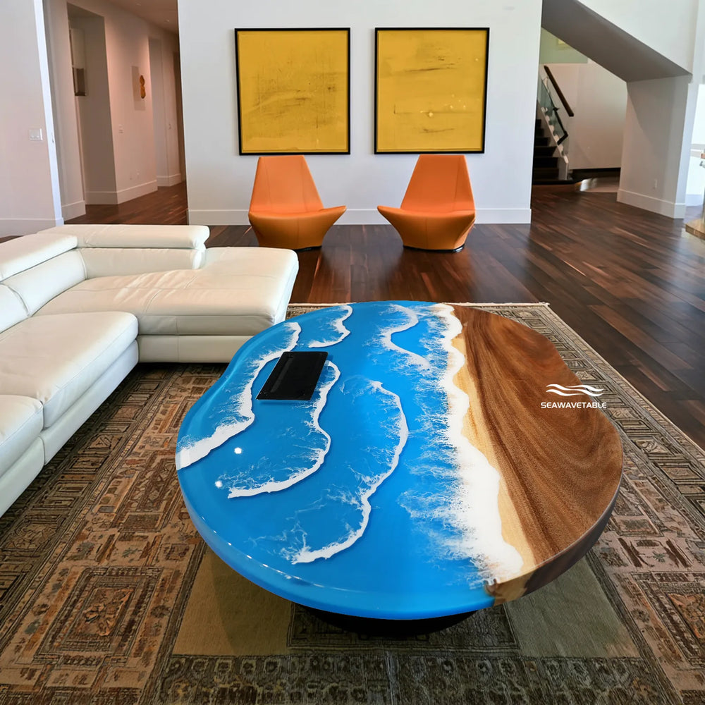 Walnut live edge table with blue and white ocean wave epoxy by SeawaveTable