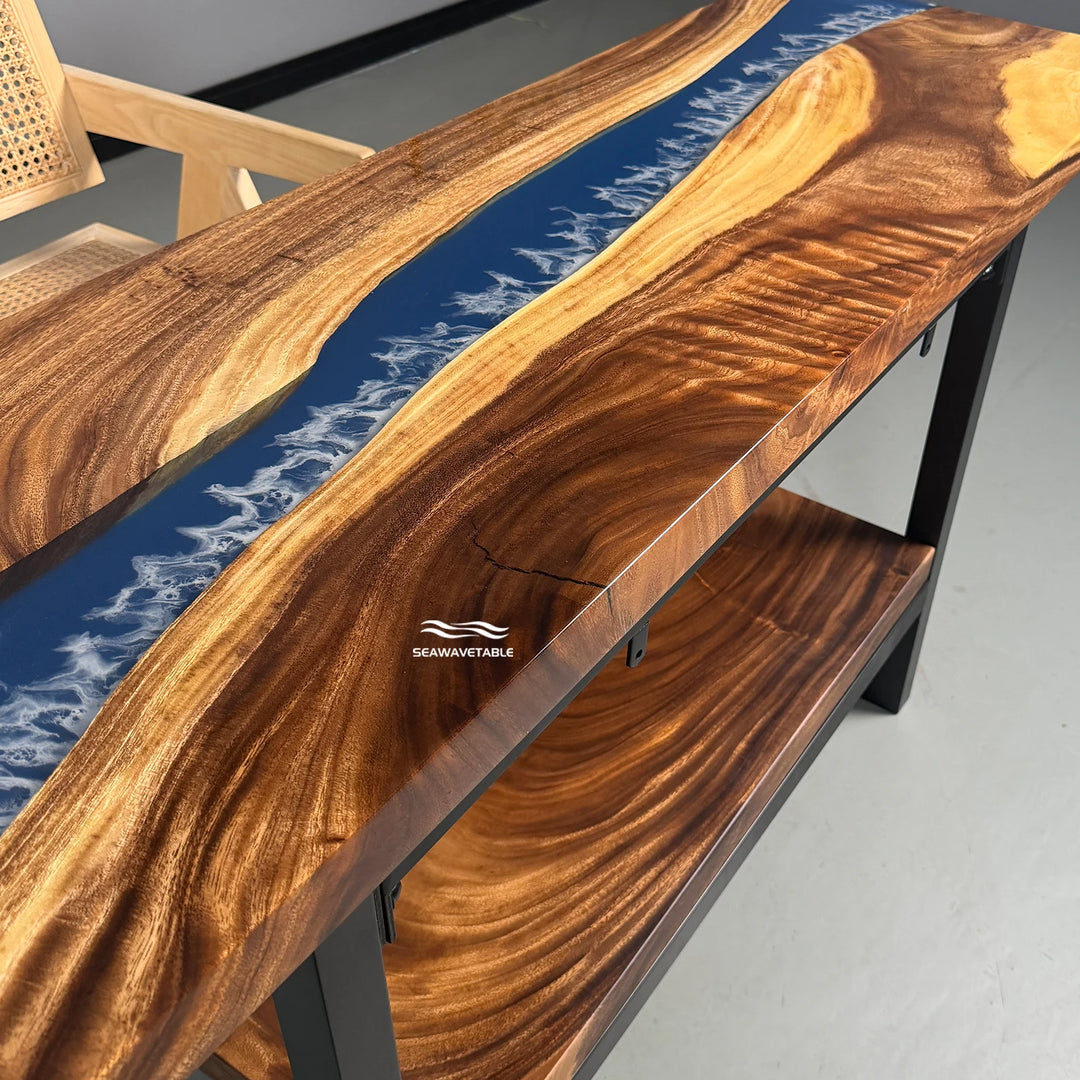 Detailed view of handcrafted walnut resin console top table featuring flowing epoxy table river texture and smooth polished finish - SeaWaveTable