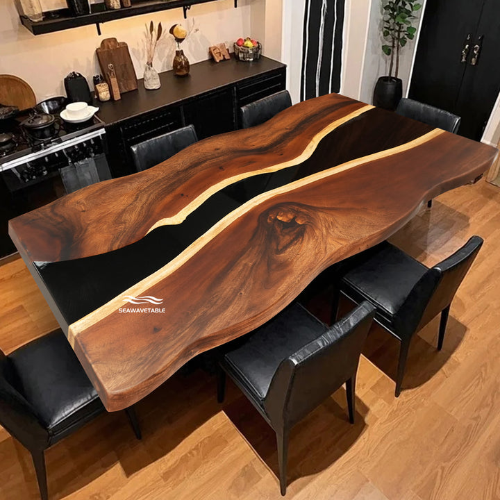 Close-up of walnut grain and black resin river detail