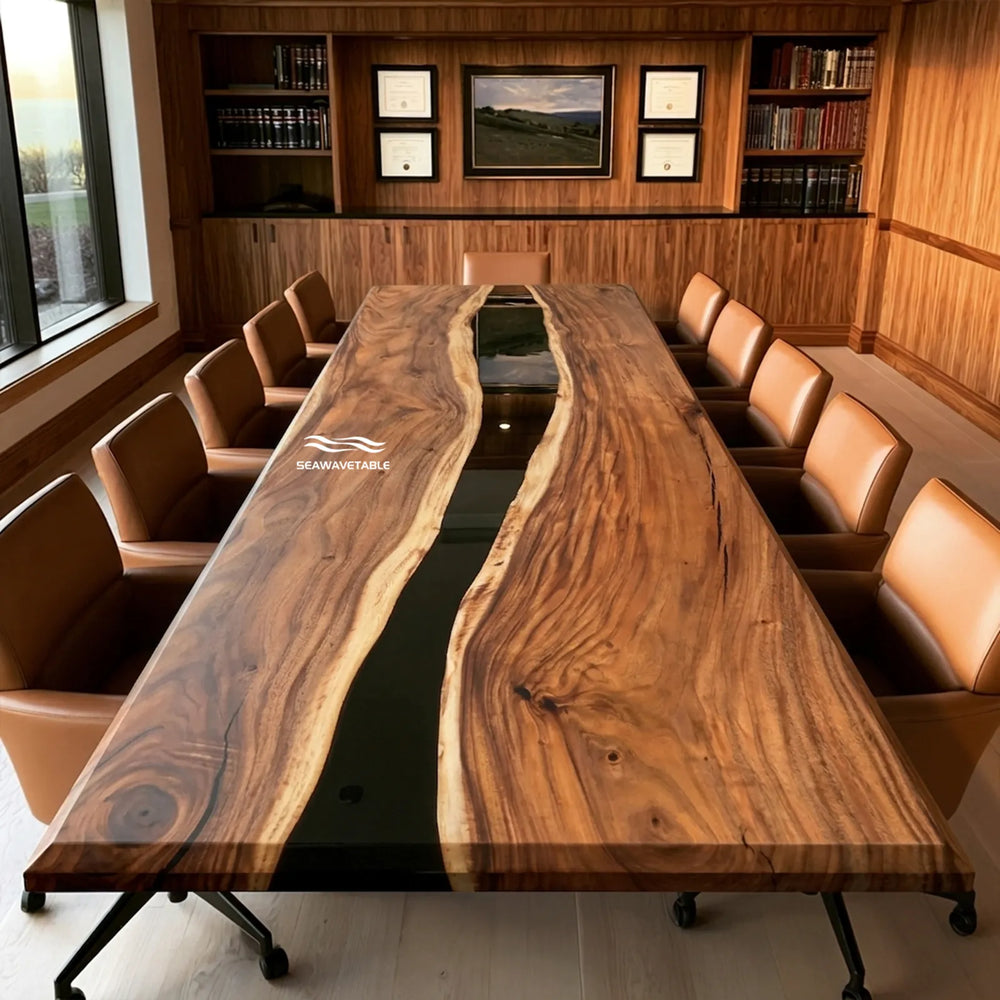 Walnut dining table with transparent black epoxy river by SeawaveTable