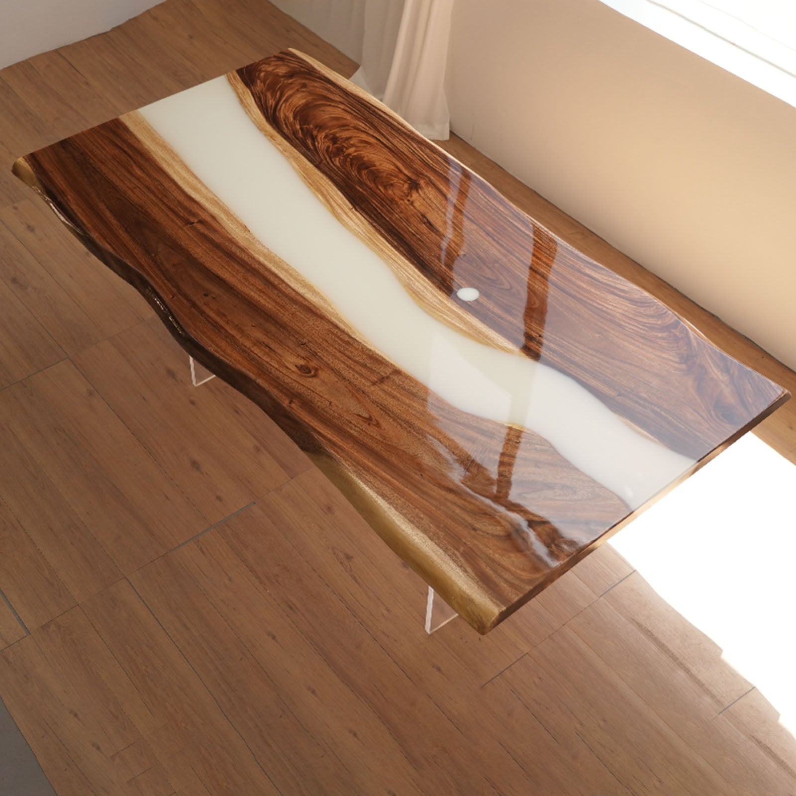 Handmade walnut and white epoxy dining table adding luxury to dining room décor.